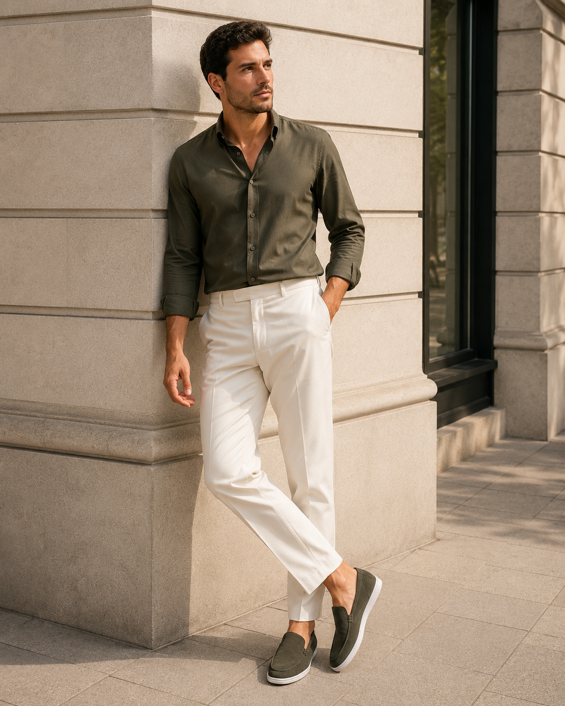 Army Green Cowhide Slip-On Loafers