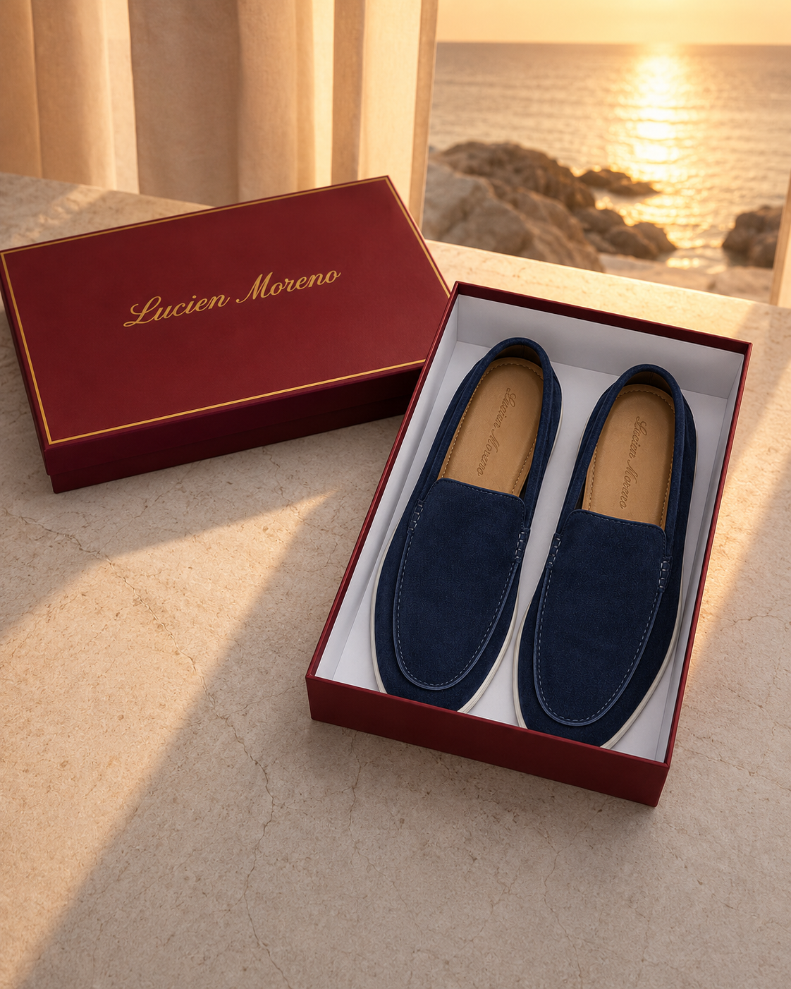 Navy Blue Cowhide Slip-On Loafers